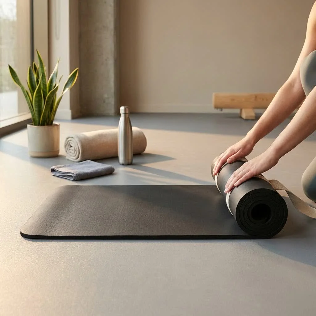 Person unrolling a yoga mat in a bright studio
