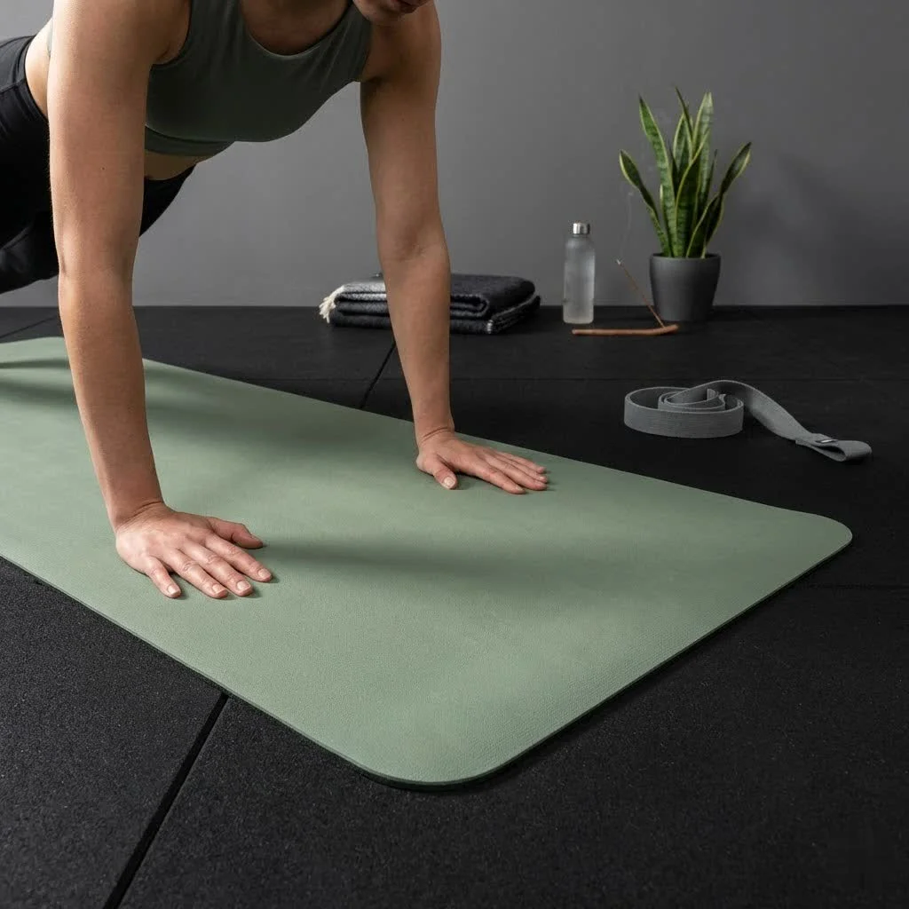 Yoga mat carrying strap securely holding a rolled mat