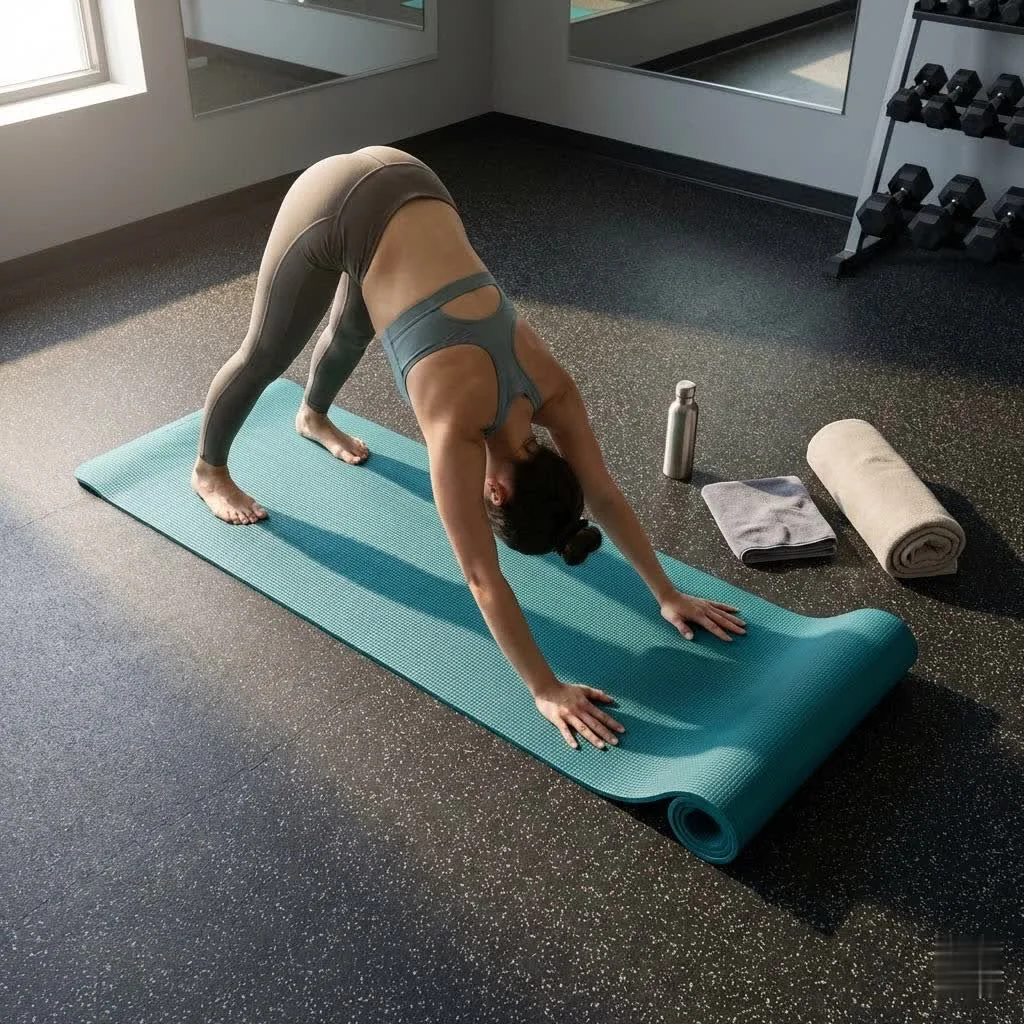 Folding yoga mat neatly folded on a wooden floor