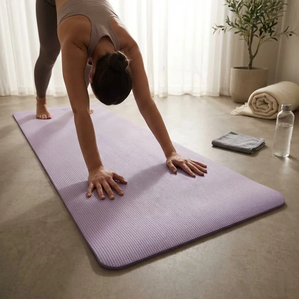 Gym bag with yoga mat holder on a wooden floor